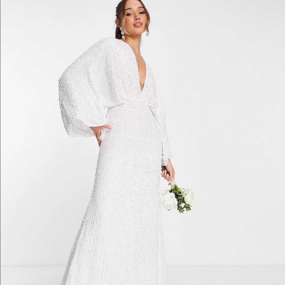 ASOS Ciara Sequin Kimono Wedding Dress in White size 6